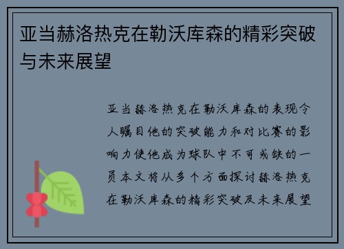 亚当赫洛热克在勒沃库森的精彩突破与未来展望