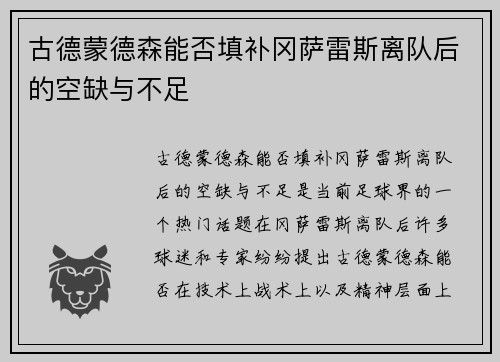 古德蒙德森能否填补冈萨雷斯离队后的空缺与不足
